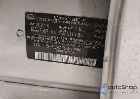 2016 Hyundai Sonata Se from USA, damaged, VIN 5NPE24AF5GH405665